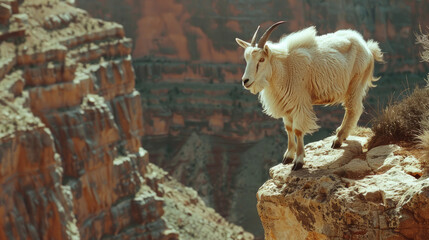 A mountain goat confidently stands atop a rocky cliff overlooking the landscape below