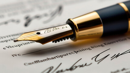 A fountain pen is positioned atop a piece of paper, showcasing classic writing tools in a simple...