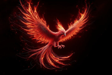 flying red burning bird phoenix with wire wings rebirth close up on black background
