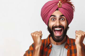 funny Euphoric Indian young man smiling wearing turban on a white background - obrazy, fototapety, plakaty