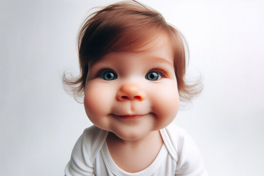 photo wide angle portrait of a baby with a smile on a white background