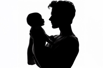 Silhouette of a man with a baby in his arms on a white background