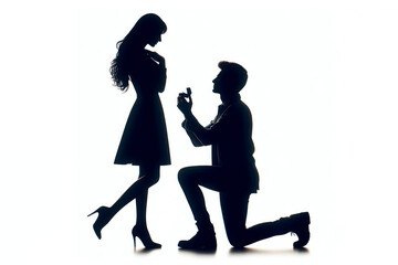 Silhouette of a guy who is on his knee and proposes to a girl on a white background
