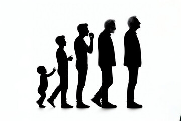 silhouette of the aging process from baby boy to old man on a white background
