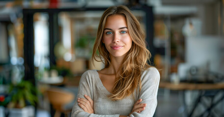 Fototapeta premium Confident professional woman with arms crossed in a casual office