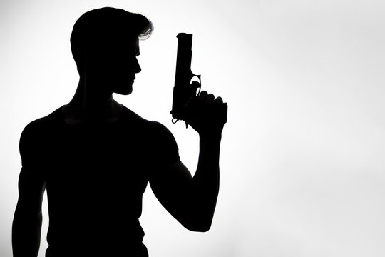 Silhouette of a man who put a gun on a white background