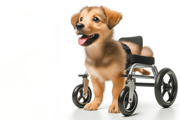 disabled dog with wheels on hind legs Isolated on white background