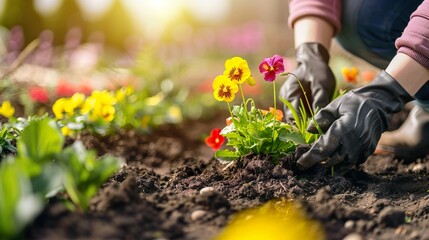 Gardeners' hands planting flowers in the backyard