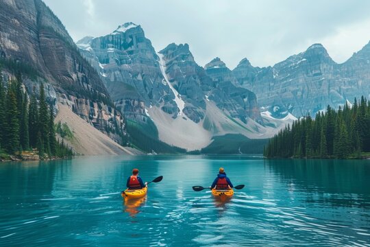 Kayakers on a crystal clear mountain lake amidst snowy peaks.
