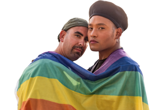 Gay couple under LGBT rainbow flag while looking at camera on transparent background - Powered by Adobe