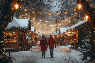Shoppers stroll through a snowy Christmas market lit by festive string lights.