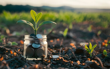 A small glass jar with some coin in it and a sapling of a small plant in it. plant growing out of coins in glass jar with filter effect retro vintage style. Investment concept,  growth, photography - Powered by Adobe