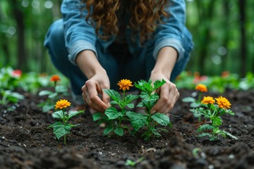 A person plants a vibrant marigold in the soil, engaging in mindful gardening.