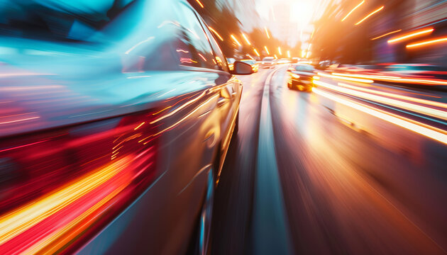 Drunk alcoholic fast driving driver threatening cars in the opposite direction, blurry motion view background.