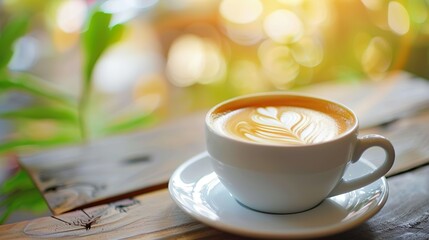 Latte arts coffee. White cup of hot coffee on wooden table.
