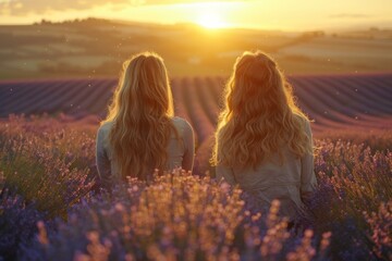 Two women from behind admiring a sunset over a vibrant lavender field.
