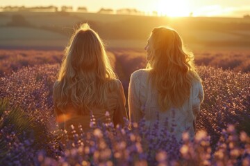Two women from behind admiring a sunset over a vibrant lavender field.