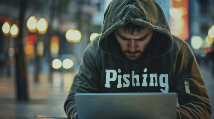 copy space, stockphoto, person with hoody, criminal mood, working on a laptop, IT background, text " Pishing". Bad guy hacking into a computer, connection to internet, trying to steal money by pishing