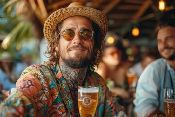 Stylish man with tattoos and straw hat enjoying a beer at a tropical bar.