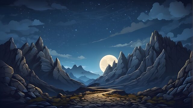 A route winds through the nighttime mountains, leading to rocky hills beneath a starry sky dotted with clouds and a full moon. Cartoon vector image of a road and rocks in a dark blue dusk environment 