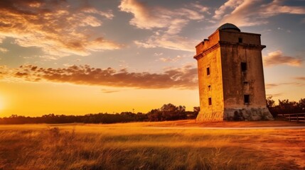 Fort tower bathed in golden hour light - obrazy, fototapety, plakaty