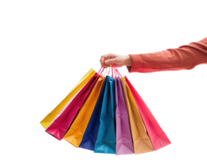 Hands, shopping bags and purchase for fashion, discount or sale on transparent background. Hand of shopper holding bag of gifts, present or luxury retail products on copy space