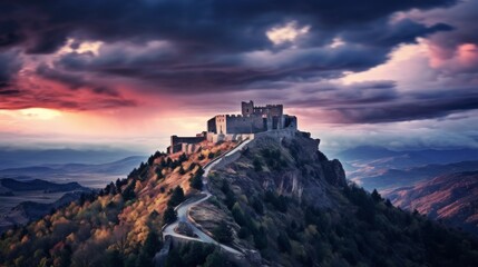 Obraz premium Fort on mountain ridge under dramatic dusk sky