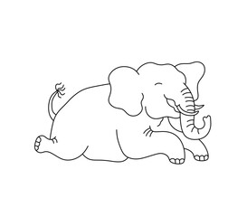 Vector isolated one single cute cartoon elephant lying jumping flying colorless black and white contour line easy drawing
