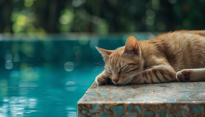 A cat is laying on a ledge next to a pool - Powered by Adobe