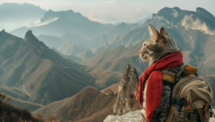A cat wearing a red scarf and a backpack is standing on a mountain