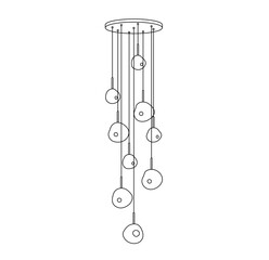 Vector isolated one single big large loft long chandelier with many hanging lamps design colorless black and white contour line easy drawing