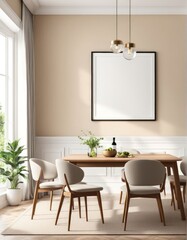 Close-up frame mockup in dining room interior, 3d rendering