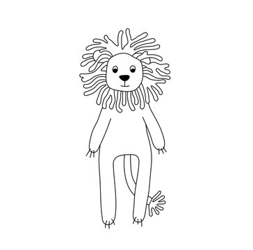 Vector isolated one single lion soft toy kids colorless black and white contour line easy drawing