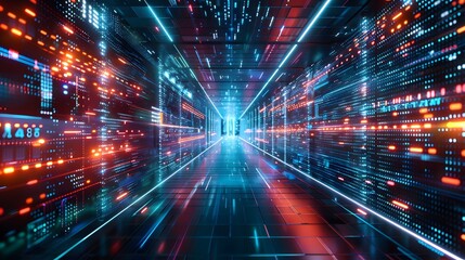 Futuristic technology abstract background with lines for network, big data, data center, server, internet, speed. Abstract neon lights into digital technology tunnel. 3D render