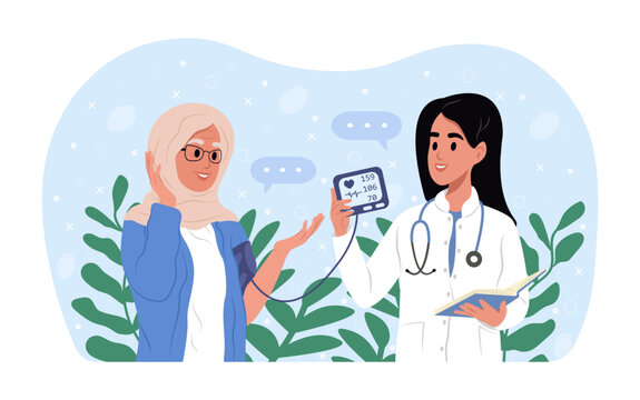 A doctor consults an elderly patient about cardiac diseases. Blood pressure measurement. Hypertensive heart disease. World hypertension day. Medical examination, cardiac examination - Powered by Adobe