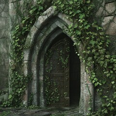 Overgrown Castle Doorway,An ancient castle doorway, adorned with ornate ironwork and engulfed by creeping vines, invites curiosity and hints at the mysteries that lie within its forgotten walls.