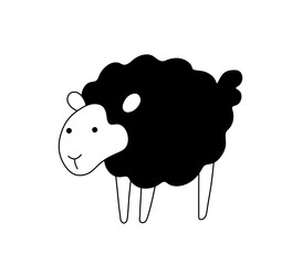 Vector isolated one single cute cartoon black sheep curly side view colorless black and white contour line easy drawing