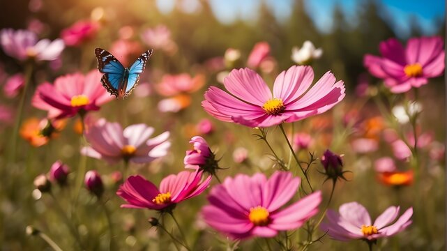 Close-up macro of a field of vibrant cosmos flowers and a butterfly in the summertime sunlight on a meadow in the outdoors. A vibrant, artistic picture with lovely bokeh and a gentle focus