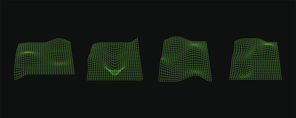 Set of vector retro futuristic distorted acid green design grids. Perspective grids, polar grid, geometry. Cyberpunk 80s style design elements