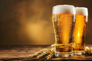 Refreshing Beer Glasses & Wheat on Wooden Surface