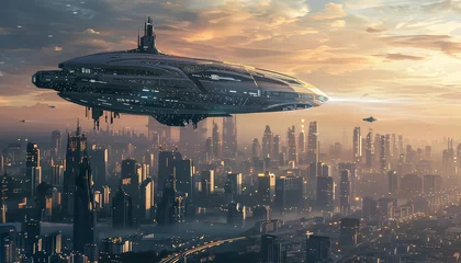 Gordijnen A futuristic space ship is flying through a city with tall buildings © yurakrasil