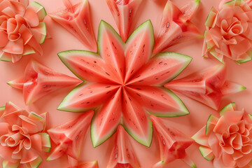 Watermelon slices arranged in a flower shape on a pink background, fresh fruit concept