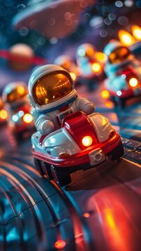 RideOn Toys speeding through Space Exploration missions, galactic rides in soft background