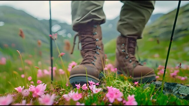 Hiking boots on mountain trail with wildflowers, adventure and wanderlust concept. Slow motion with shallow field of view.