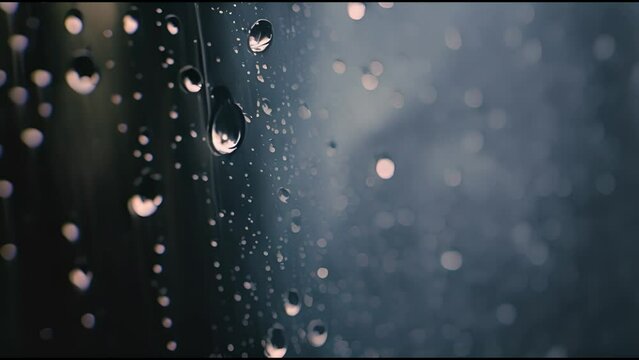 Droplets on dark window, abstract water pattern with shallow field of view.