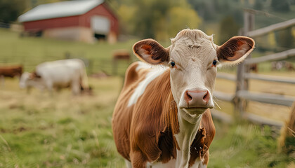 A cow is standing in a field with a red barn in the background