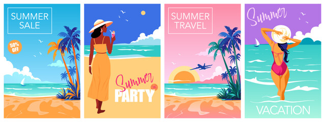 Summer time and Travel concept design. Set of poster with tropical beach