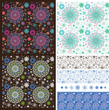 Creative artistic floral backgrounds and borders. Hand drawn doodle seamless pattern set
