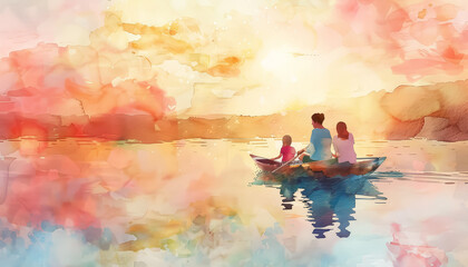 A family of three is in a boat on a lake, with the sun setting in the background