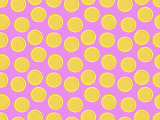 Seamless pattern made of coins (abstract). Isolated on pastel light purple background (backdrop). Vector illustration.